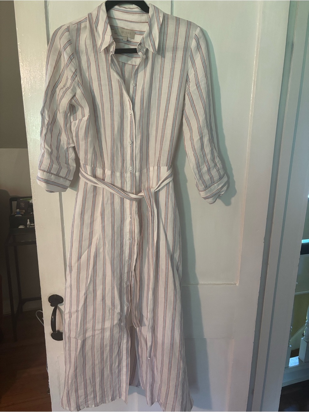 Classic Striped Button-Front Shirt Dress - White with Pink & Blue Stripes